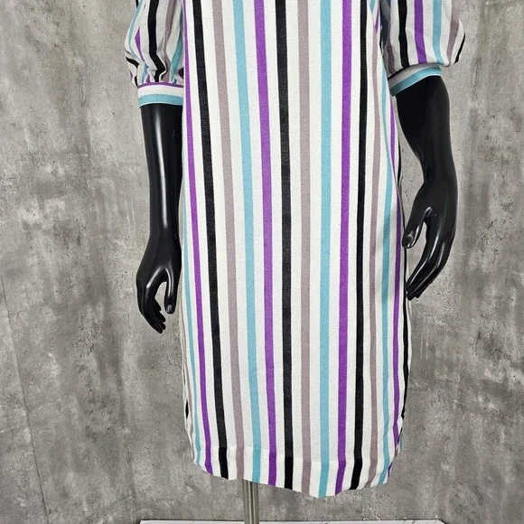 Vintage‎ Handmade Colorful Vertical Striped Linen Half Sleeve Shift Dress - Picture 3 of 9